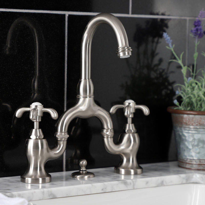 Kingston Brass French Country Two-Handle 3-Hole Deck Mount Bridge Bathroom Faucet with Brass Pop-Up, Brushed Nickel
