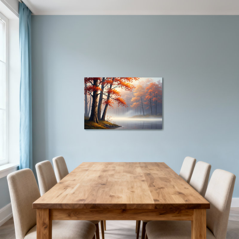 Paysage et nature, arbres d'automne, brume du lac, forêt, paysage, couleurs chaudes, nature, H 20 po x l 30 po