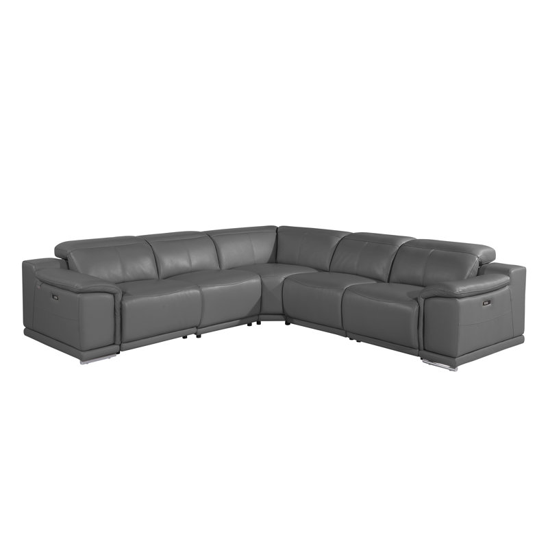 Crasia 5 Piece Top Grain Italian Leather Reclining Sectional, Gray Genuine Leather