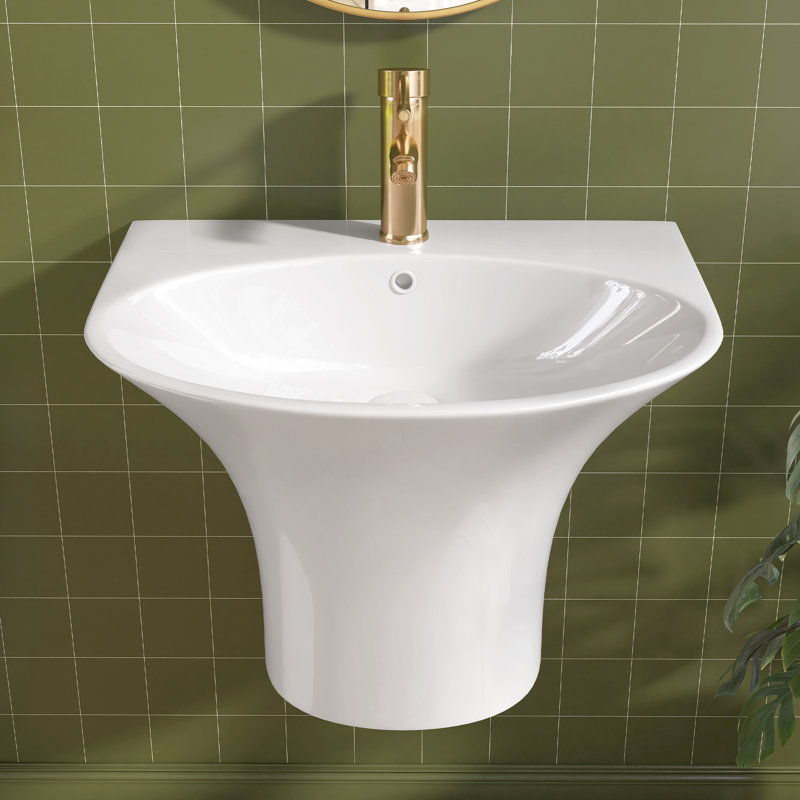 Compact Wall Mount Bathroom Sink 22 Inches White Ceramic Arc Wall Hung Vessel Floating Sink With Overflow And Single Faucet Hole