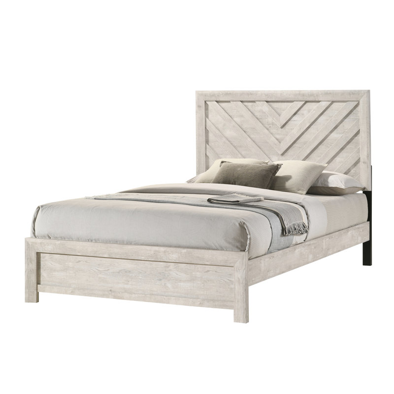 Lit double de style rustique avec motif en gris beige - Mobilier de chambre à coucher avec motif géométrique et finition essentiels