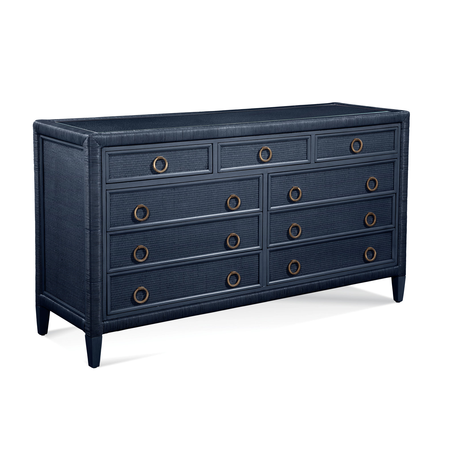 Warwick 9 Drawer 64" W Rattan Double Dresser, Navy, Satin Brass