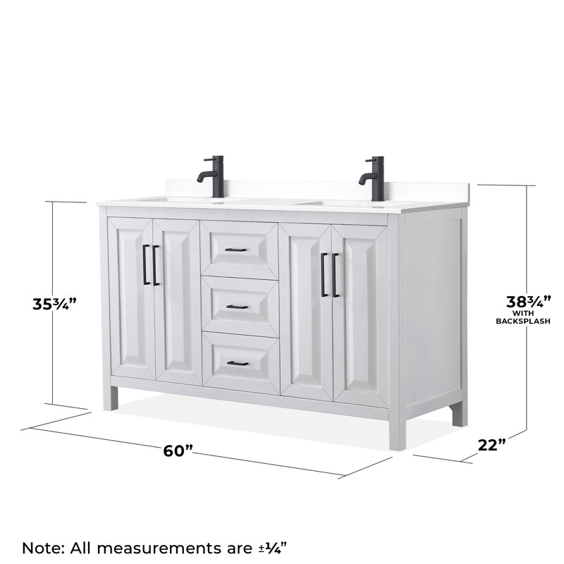 Ensemble de meuble-lavabo double 60 po Daria, Blanc, Marbre de culture blanc, Noir mat
