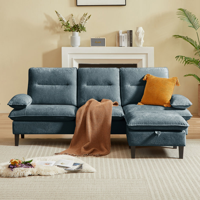 86.22" Chenille Sectional Sofa With Ottoman, Dark Gray