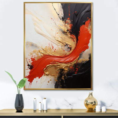 «Midnight Passion», vague abstraite, écarlate et or I - peinture abstraite, art mural, salon