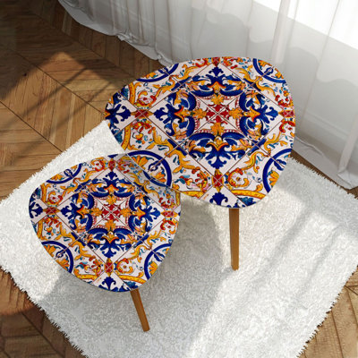 Triangle Nesting Coffee Table Set of 2 Mexican talavera ceramic tile Ethnic folk ornament Italian End Table Modern Minimalist Side Table Set for Living Room Bedroom