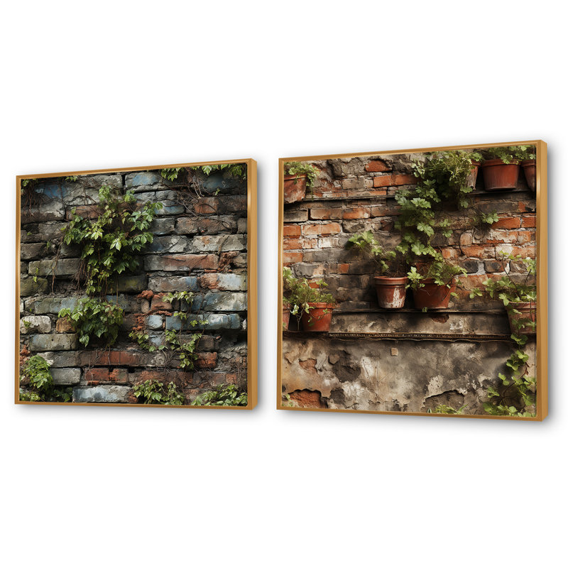Urban Oasis - Ensemble de 2 collages carrés abstraits, Cadre flottant doré, H 30 po x l 61 po