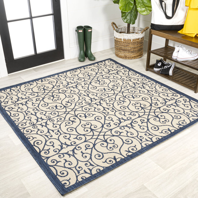 Deilani Vintage Filigree Textured Weave Navy/Beige Indoor/Outdoor Rug, Square 5'3"