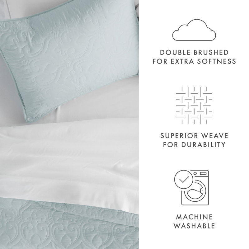 Pale Blue Full Microfiber Damask Quilt Set