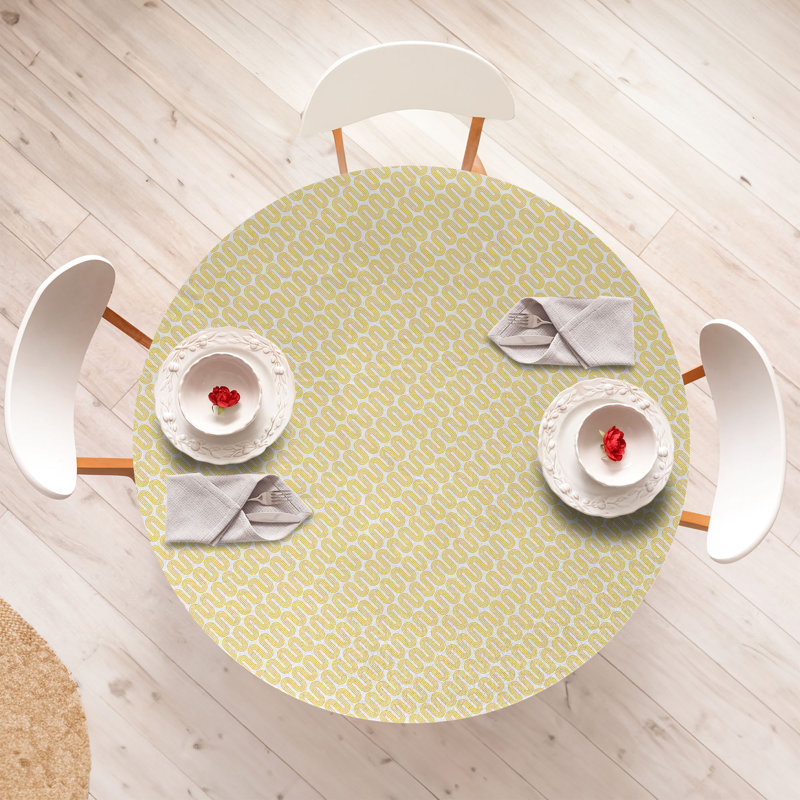 Ebern Designs Geometric Fitted Round Tablecloth White and Mustard, 51.97" Round