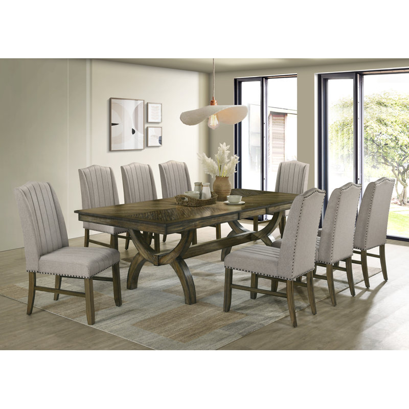 Ensemble de salle à manger traditionnel avec table extensible et chaises rembourrées, 9