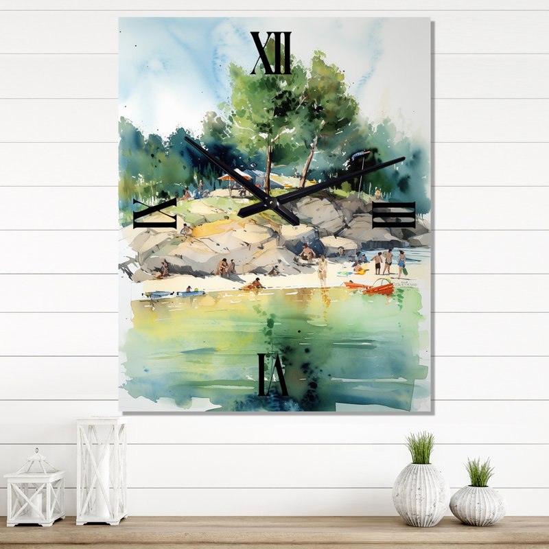 Coucher de soleil sur une montagne, aquarelle sur lac, horloge murale moderne, Médium