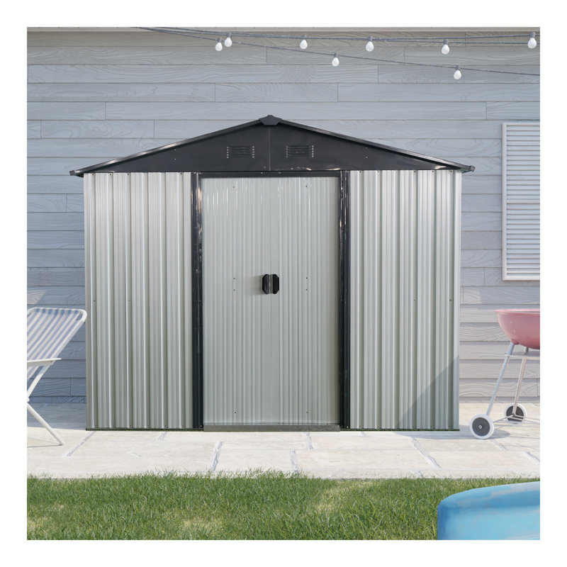 Remise de rangement extérieure en métal 8 pi x 4 pi avec porte coulissante et fondation pour cour, patio, pelouse - blanc et noir