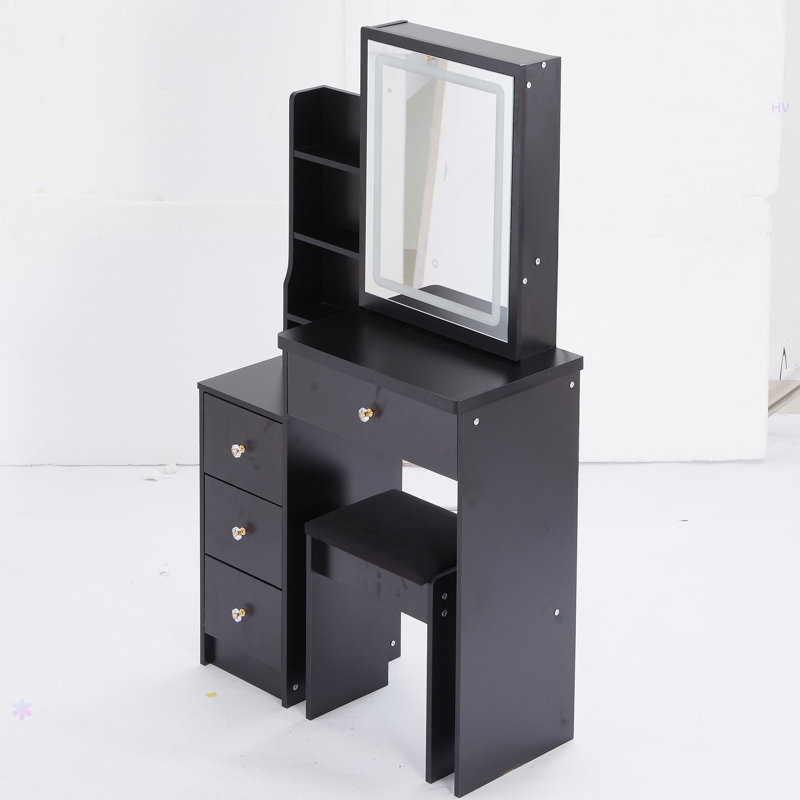 Petite coiffeuse 29,2 po avec tabouret de chevet gauche et tabouret rembourré