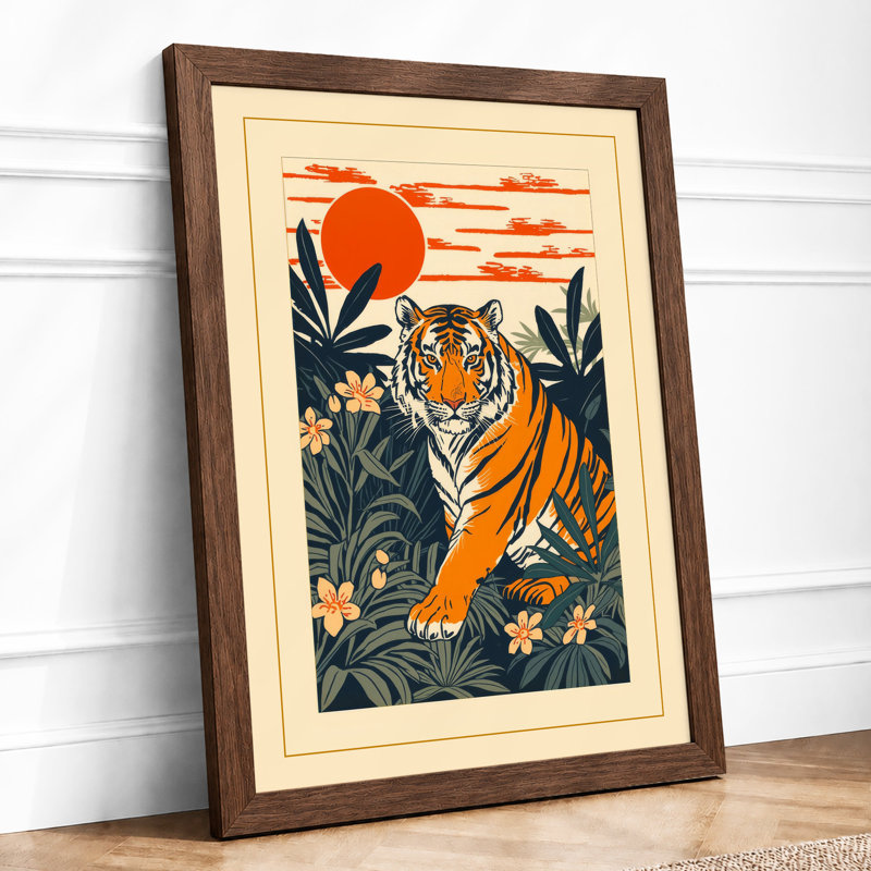 Tiger in Jungle Japandi - Framed Print, Walnut, A3 - 42.0 x 29.7 cm