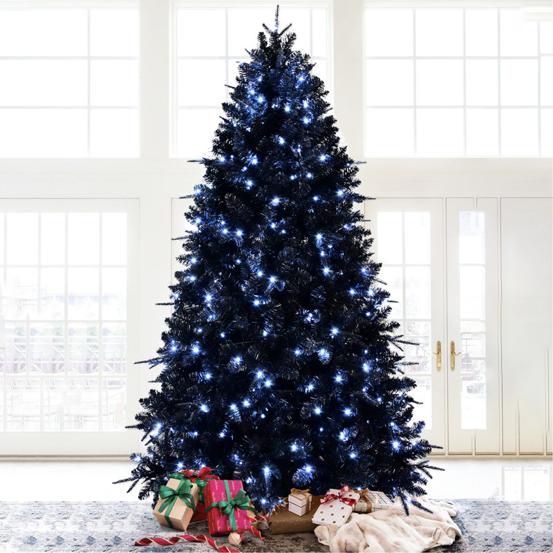 Arbre de Noël noir de 8 pi, 600 lumières à DEL blanches, 2486 pointes Pe +, branches à charnières, Noël élégant, structure de décoration de fête, décorations, présentoirs