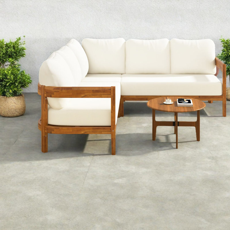 Canapés de patio spacieux, ensemble moderne en L en bois d'acacia pour la cour