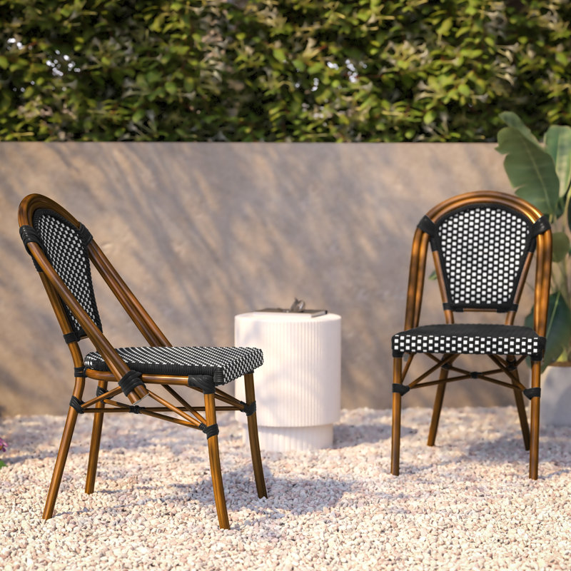 Indoor/Outdoor All-Weather Commercial Paris Chairs with Bamboo Print Frame, Black/White Seat / Natural Frame