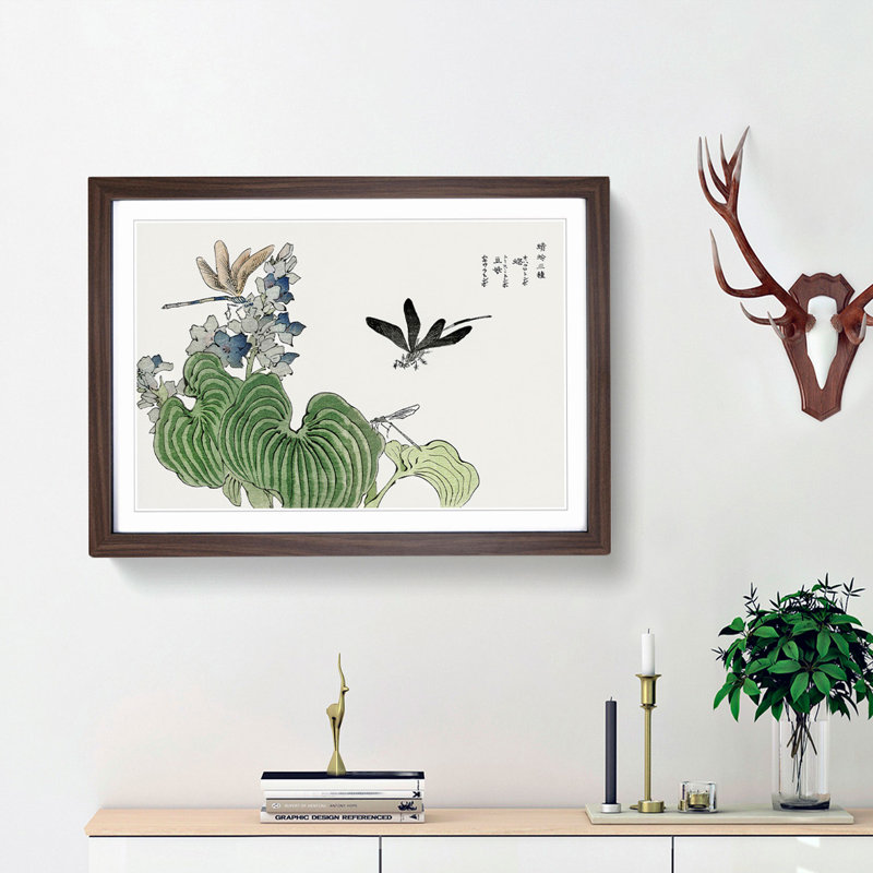 Dragonflies on a Flower by Morimoto Toko - Picture Frame Painting Print, 48cm H x 65cm W x 2cm D, Walnut Framed
