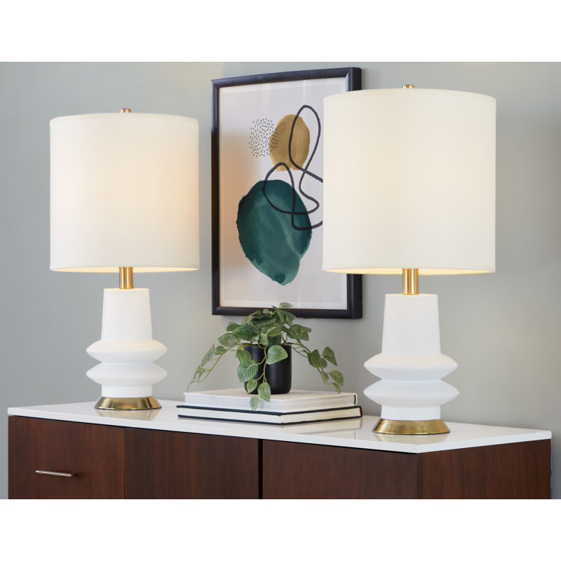 Set of 2 White Polyresin Table Lamps with Brass Accents