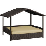 Outdoor Rattan Dog House with Canopy and Foam Cushion