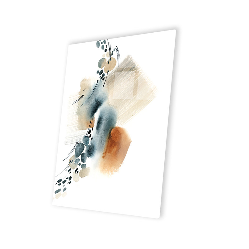 Abstrait en bleu et terre cuite I, impression sur verre acrylique, H 24 po x l 16 po x P 0,25 po