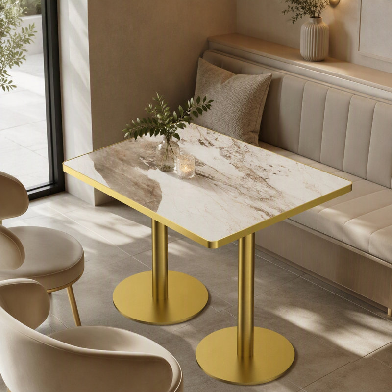 Table de salle à manger rectangulaire, Blanc / beige, Doré