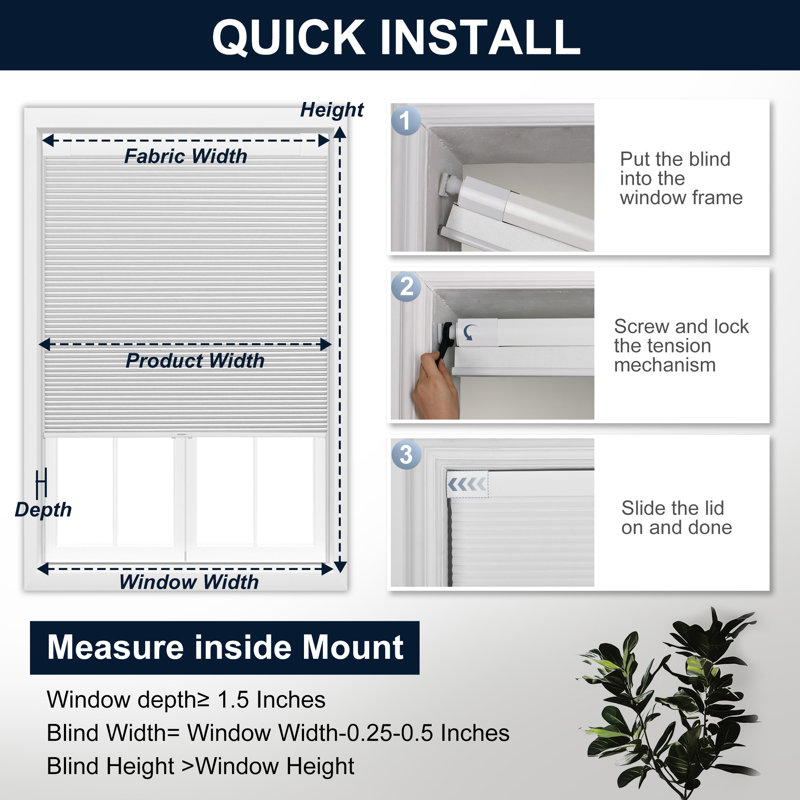 No Drill Cordless Blackout Cellular Shades, 29"W x 64"L, White