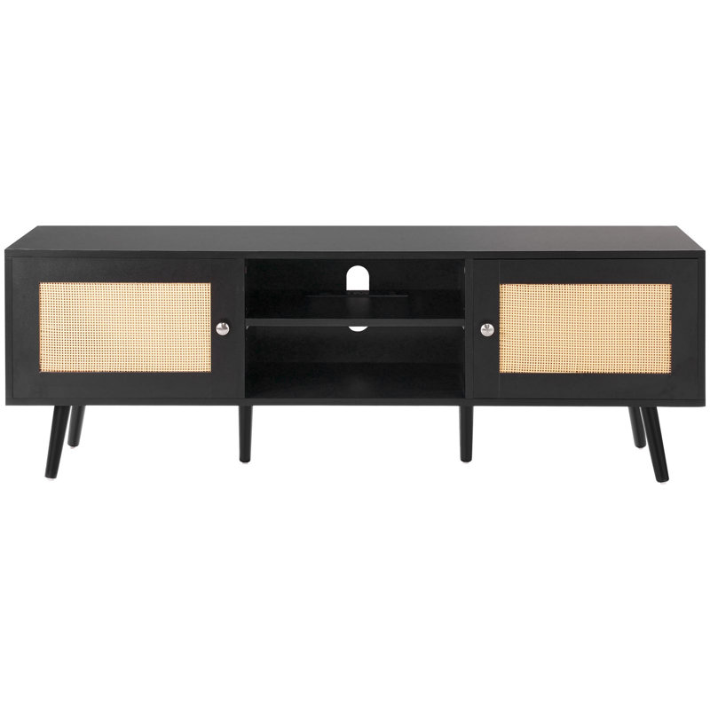 Meuble télé 1 pièce en rotin 55 po avec prise intégrée et ports USB, Black