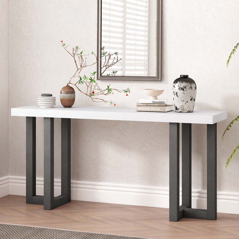 Modern Console Table With Geometric Design And Wood Legs, White
