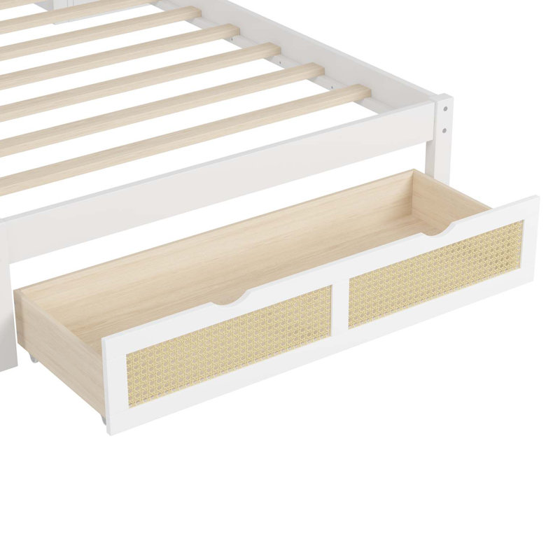 Lit simple en bois avec deux casiers de rangement, un tiroir et une tablette de rangement sur la tête de lit, lit plateforme multifonctionnel en rotin naturel