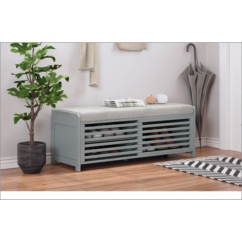 Distressed Shutter Storage Bench with Acacia Veneer for Retro Charm for Living Room, Entryway (), Gray