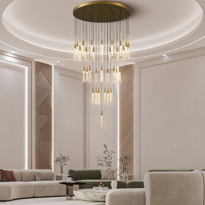 34-light Long Gold Chandeliers For High Ceilings, Large Raindrop Chandelier