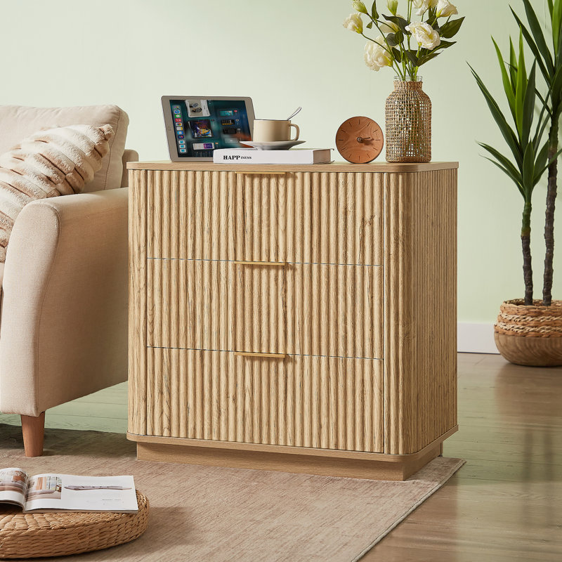 Ensemble de 3 tiroirs, commode à courbes de 27,6 po de largeur, table de chevet, organisateur de tiroir en bois pour chambre à coucher, salon, couloir, chêne, l 27,6 po x P 15,8 po x H 27,4 po.