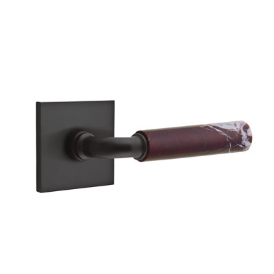 Ensemble de leviers de passage Emtek Select avec rosette carrée et tige R-Bar, levier en marbre Rosso Levanto