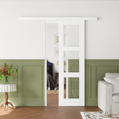 Porte de grange coulissante en verre massif pré-assemblée avec panneau caché et 3 pièces