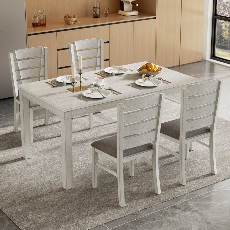 5 Piece Dining Table Set with 4 Upholstered Chairs, Solid Wood Rectangular Kitchen Table and Chairs Set, Mid-Century Modern Farmhouse Dining Room Table Set