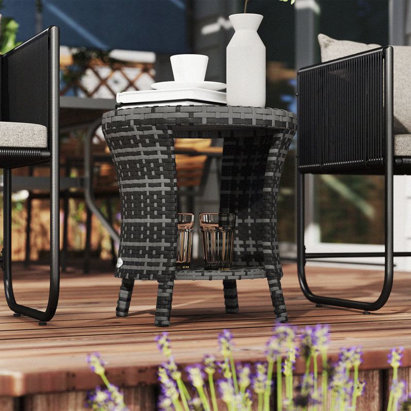 Table basse d'extérieur en osier 18 po, table d'appoint de patio à 2 niveaux, gris, Gris, Gris