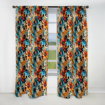 Rideau occultant en velours floral orange et bleu à motif cachemire roses orange et bleu