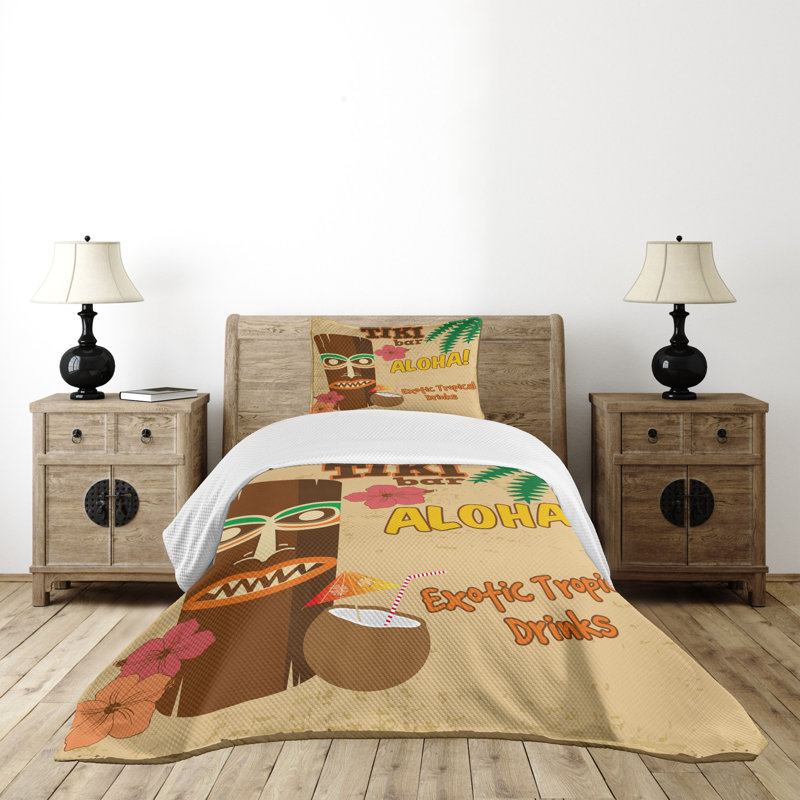 Ambesonne Tiki Bar Bedspread Set Old Drink Multicolor