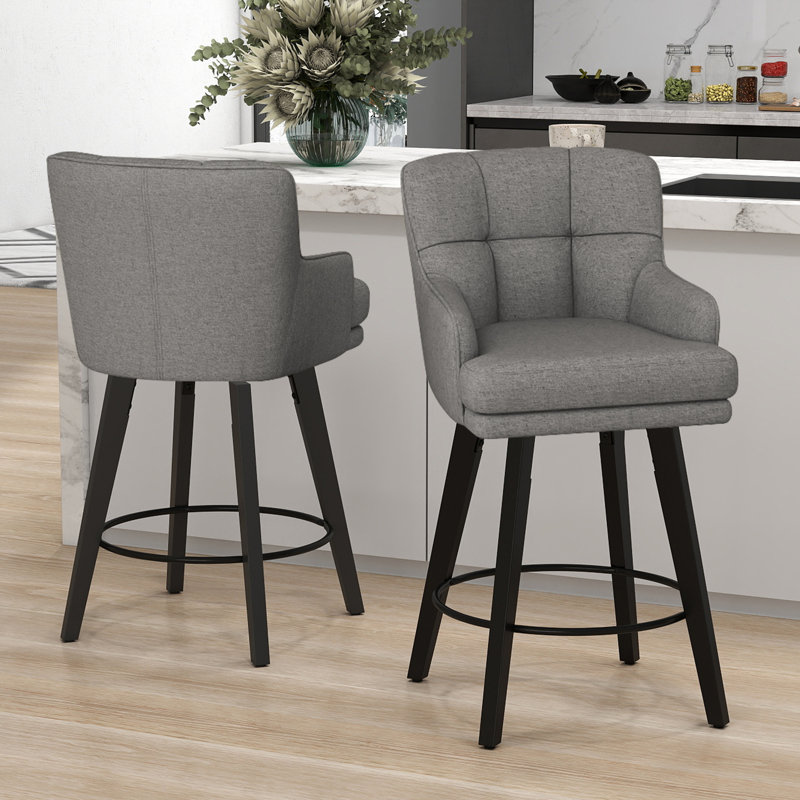 26''H Upholstered 360°Swivel Counter Height Bar Stools, Wood Legs Kitchen Island Chairs, 3, Mid Gray Seat/ Black Frame