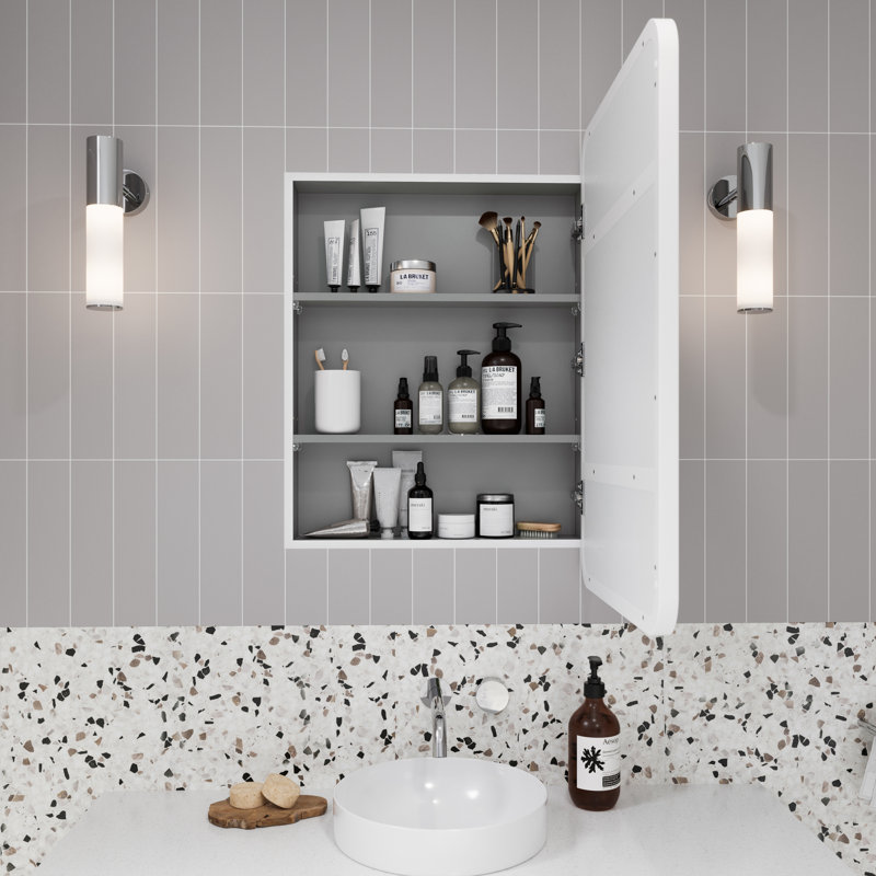 Stainless Steel Recessed Framed Single Door Medicine Cabinet with Adjustable Shelves, White
