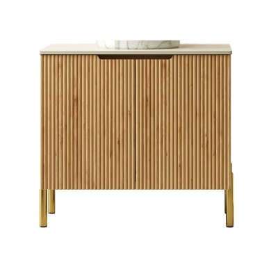 30" TURIO Freestanding Roma Travertine-Pattern Sintered Stone Counter Top and Natural Woodgrain Plywood Cabinet with Two Doors, NO Basin, NO Faucet and Sink Cover