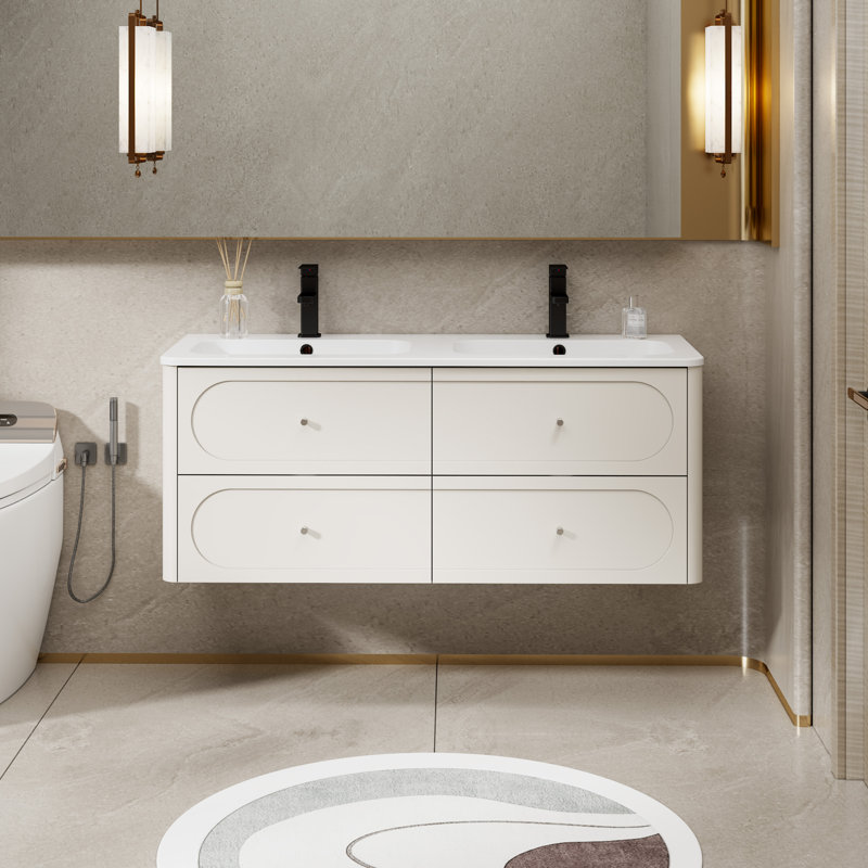 Meuble-lavabo double 48 po avec lavabo et robinets non inclus, Beige, Blanc