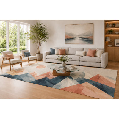 "Ultra Light Weight" Large 6'7" x 9'10"  Terracotta and Navy Geometric Peaks Area Rug for Living Room, Soft Low Pile Carpet with Non-Slip Silicone Backing, Decor for Bedroom and Home Office