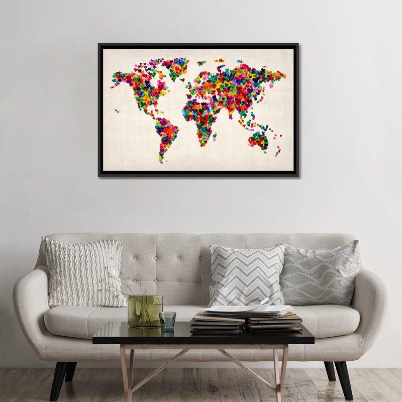 «World Map Hearts II», impression sur toile, H 18 po x l 26 po x P 1,5 po, Toile avec cadre noir, Pas de tapis