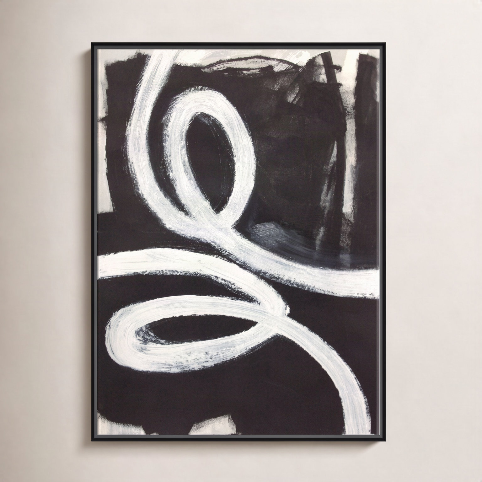 Hendrix "White Swirly Swirls 1" Print, 61" H x 41" W x 2" D, Black Framed