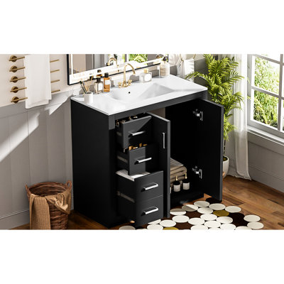 36-Inch Bathroom Vanity With Ceramic Sink , Solid Wood Frame, Hinges, Construction, Ample Storage For Products, Retro Style, Exquisite Metal Handle, Smooth Drawer Slide, Multi-Purpose 36'' Sink,