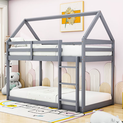 Twin Over Twin Wood Bunk Bed With Built-In Ladder And Guardrails