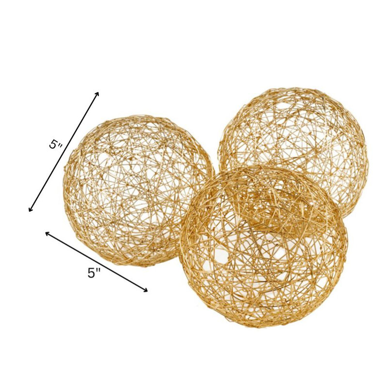 Yadelis Guita Gold Wire Spheres/3"D - Box of 3, 5" H x 5" W x 5" D, Gold